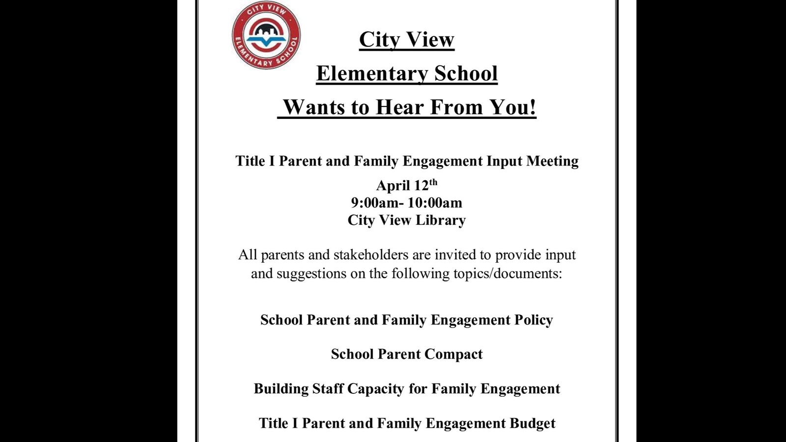 Title 1 Parent and Family Engagement Input Meeting